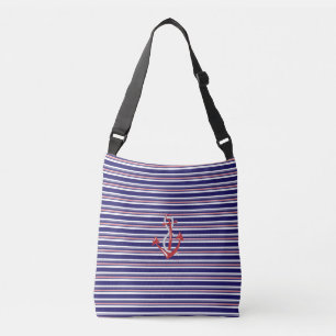 Navy Anchor, Rope, Red, Blue Stripes Pattern Crossbody Bag