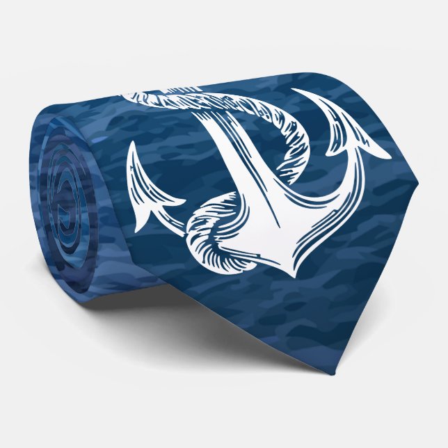 Navy Anchor Sea Background Tie (Rolled)