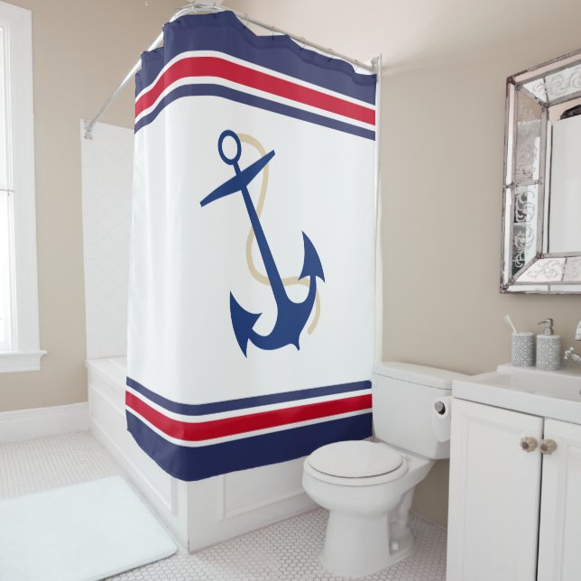 Navy Anchor with Stripes Nautical Shower Curtain (In Situ)
