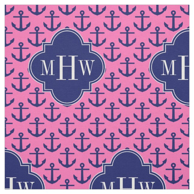 Navy Anchors Hot Pink BG, Navy 3 Initial Monogram Fabric (Swatch)