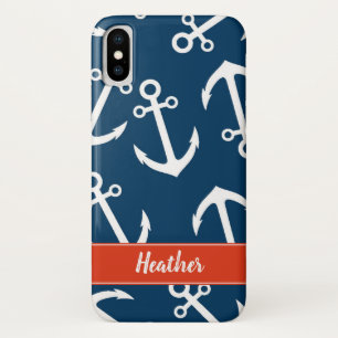 Navy Anchors Pattern Nautical Monogram iPhone X Case
