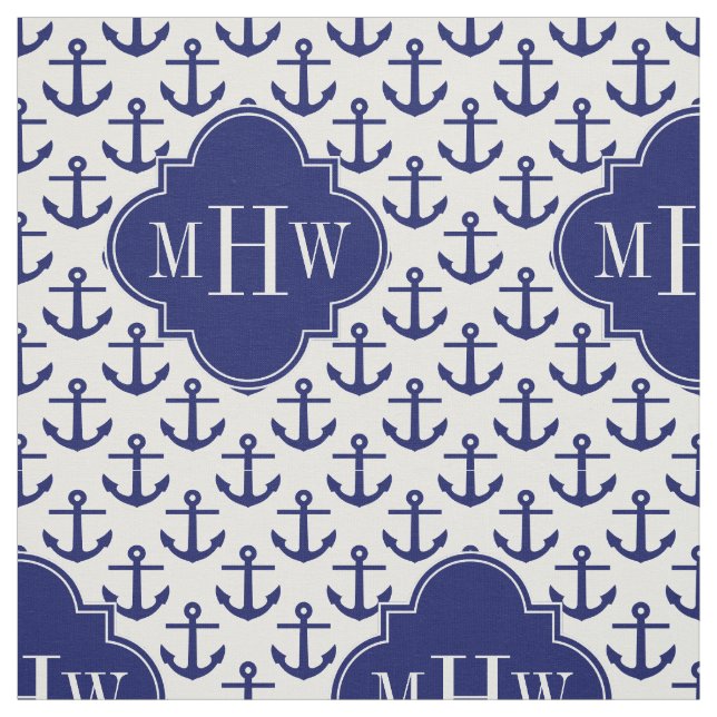 Navy Anchors White BG, Navy 3 Initial Monogram Fabric (Swatch)