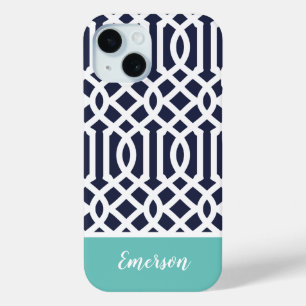 Navy and Aqua Trellis Monogram iPhone 15 Case