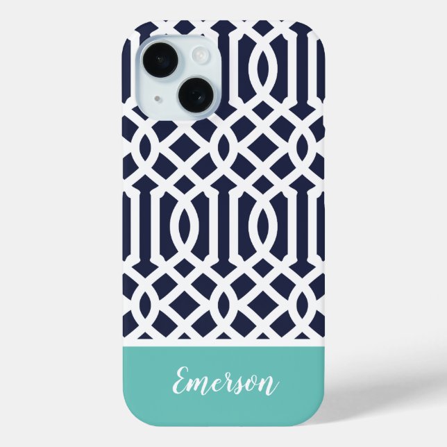 Navy and Aqua Trellis Monogram Case-Mate iPhone Case (Back)