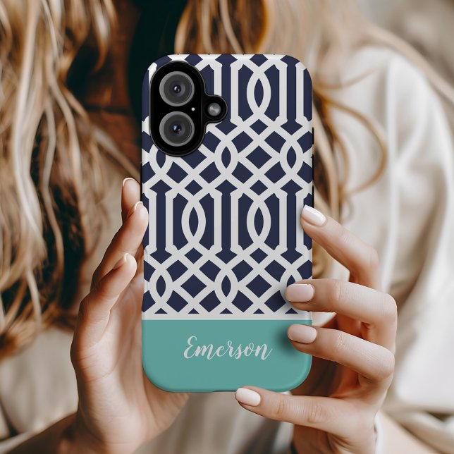Navy and Aqua Trellis Monogram Case-Mate iPhone Case (Creator Uploaded)
