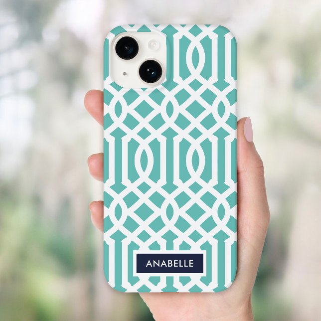 Navy and Aqua Trellis Monogram Case-Mate iPhone Case (Creator Uploaded)