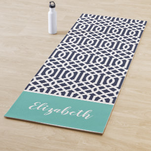Navy and Aqua Trellis Monogram Editable Colours Yoga Mat