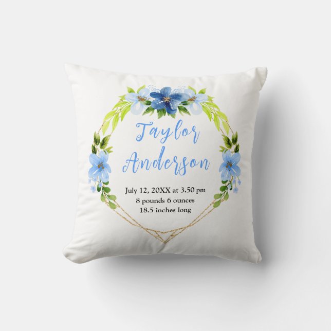 Navy and Baby Blue Floral Baby Birth Stats Cushion (Front)