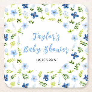 Navy and Baby Blue Floral Baby Shower Square Paper Coaster