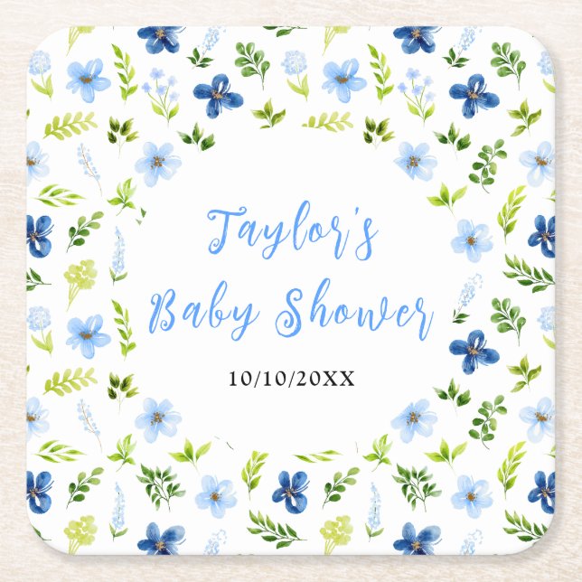 Navy and Baby Blue Floral Baby Shower Square Paper Coaster (Front)