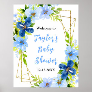 Navy and Baby Blue Floral Baby Shower Welcome Sign