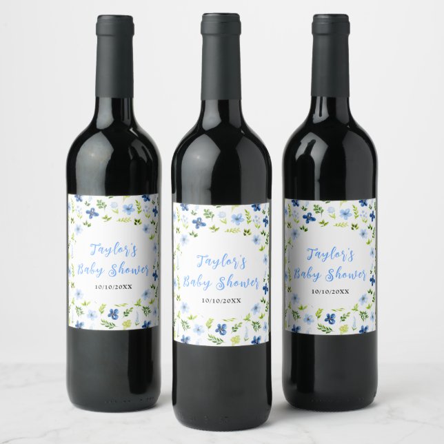 Navy and Baby Blue Floral Baby Shower Wine Label (Bottles)