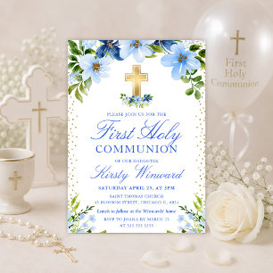 Navy and Baby Blue Flowers First Holy Communion Invitation