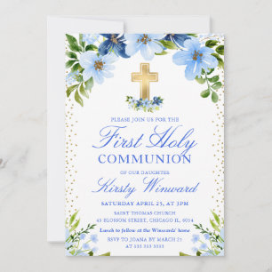Navy and Baby Blue Flowers First Holy Communion Invitation