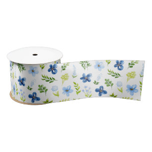 Navy and Baby Blue Flowers with Foliage Pattern Satin Ribbon