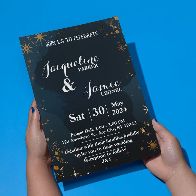 Navy and Black Night Sky Illustrative Wedding  Invitation (Navy and Black Night Sky Illustrative Wedding Invitation)