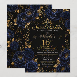 Navy and Black Sweet Sixteen Invitation