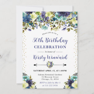 Navy and Blue Summer Flowers 50th Birthday Invitation