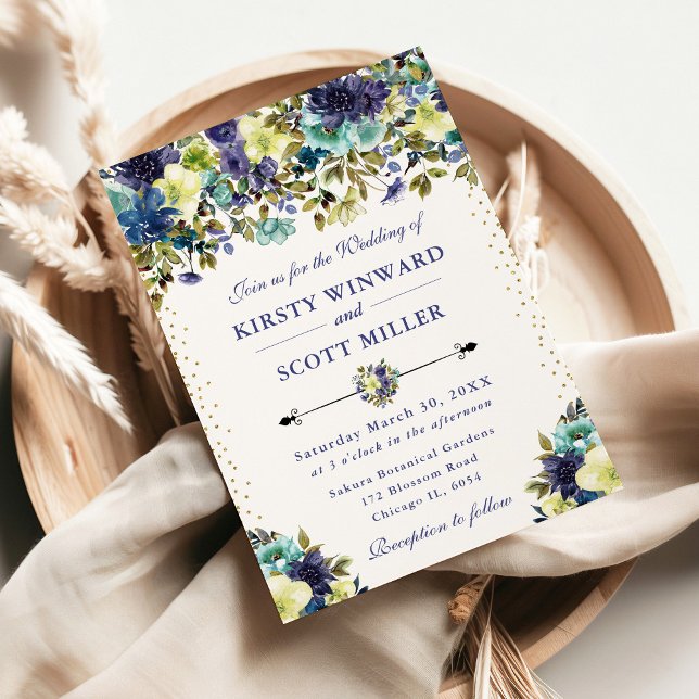 Navy and Blue Summer Flowers Wedding Invitation (Creator Uploaded)
