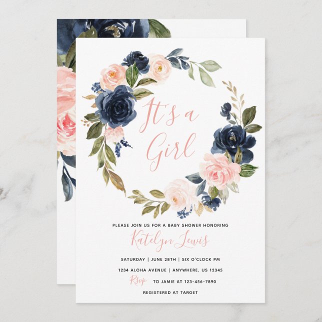 Navy and Blush Baby Shower Invitation for Girl (Front/Back)