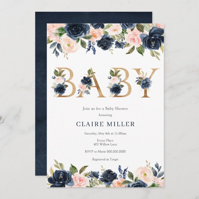 Navy and Blush Floral Baby Shower Invitation (Front/Back)