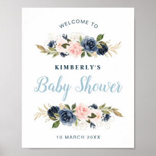 Navy and blush floral baby shower welcome sign