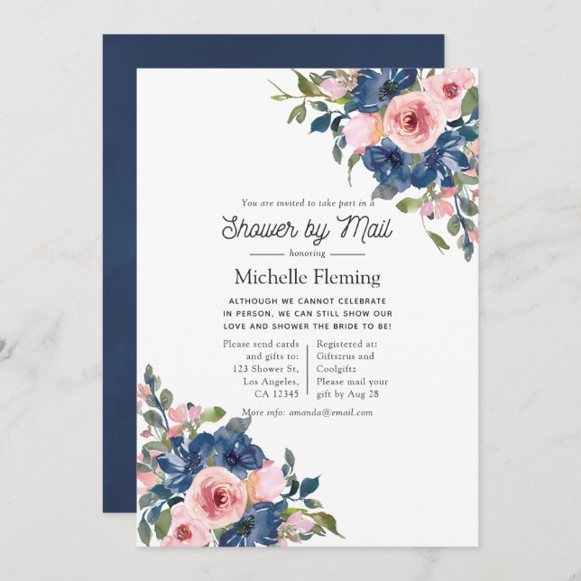 Navy and Blush Floral Bridal Shower by Mail Invitation (Front/Back)