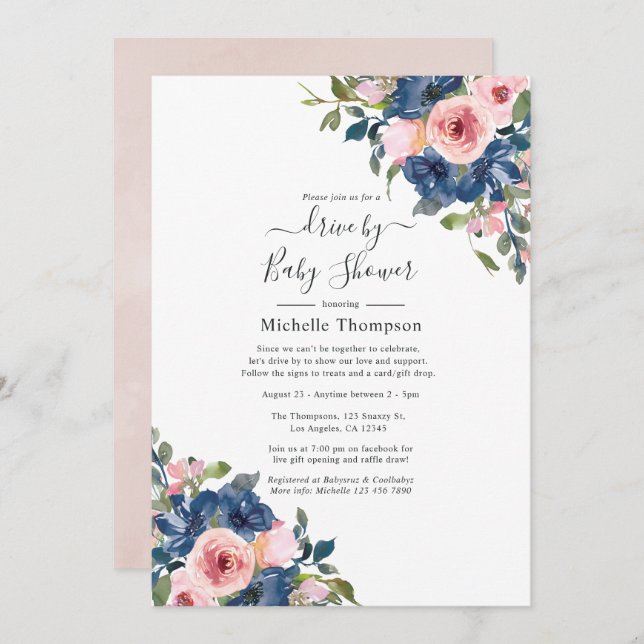 Navy and Blush Floral Drive By Shower Invitation (Front/Back)