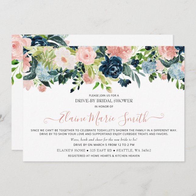 Navy and Blush Floral Drive Thru Bridal Shower Invitation (Front/Back)
