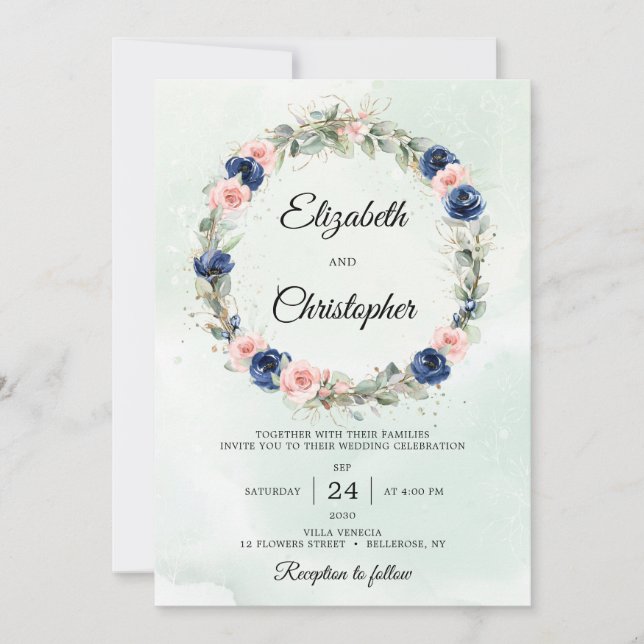 Navy and Blush Floral Eucalyptus Wreath Wedding Invitation (Front)