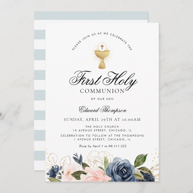 Navy and blush floral first communion invitation (Front/Back)