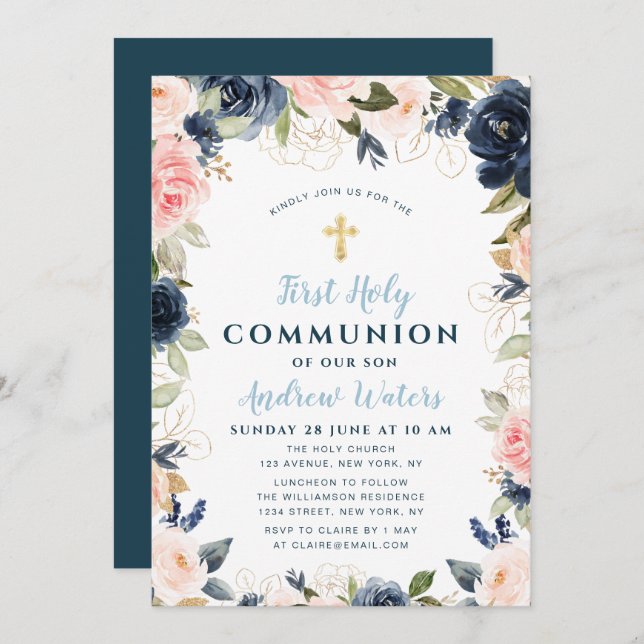 navy and blush floral first holy communion invitation (Front/Back)