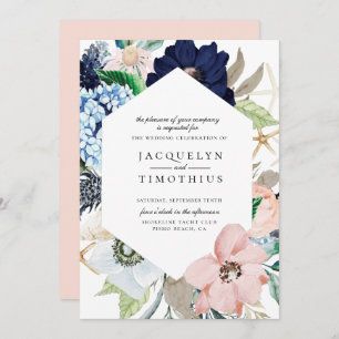 Navy and Blush Floral Frame Wedding Invitation