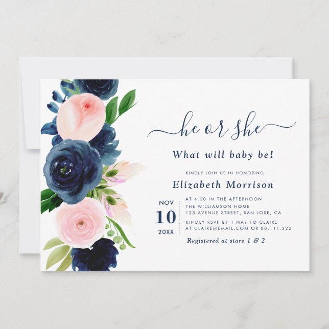 navy and blush floral gender reveal invitation (Front)