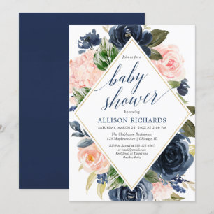 Navy and blush floral girl baby shower invitation