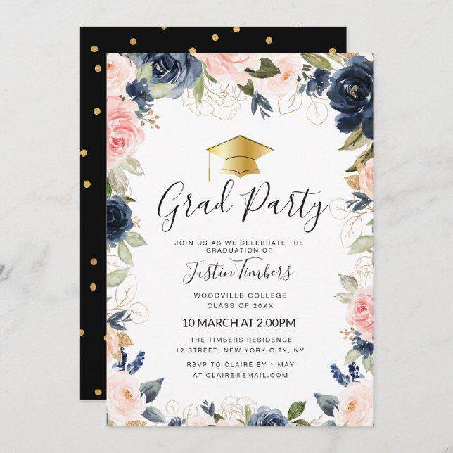 navy and blush floral grad party invitation (Front/Back)