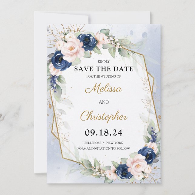 Navy and Blush Floral Greenery and Gold Frame Save The Date (Front)