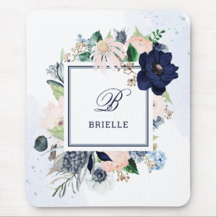 Navy and Blush Floral   Name and Monogram Mouse Pad