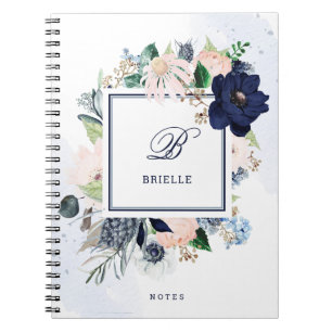 Navy and Blush Floral Name and Monogram Notebook