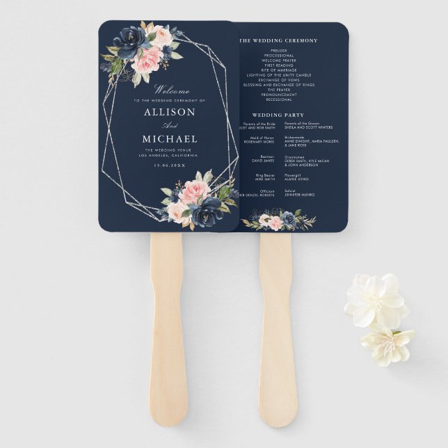 navy and blush floral silver frame hand fan (Front and Back)
