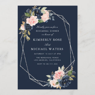 Navy and blush floral silver rehearsal dinner invitation