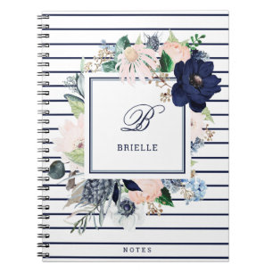 Navy and Blush Floral Stripe Name and Monogram Notebook