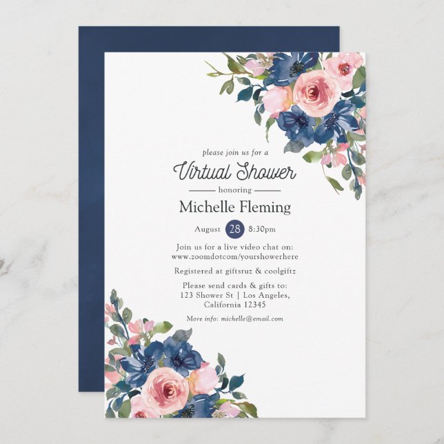 Navy and Blush Floral Virtual Shower Invitation (Front/Back)