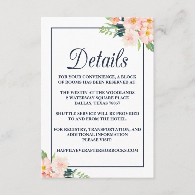 Navy and Blush Floral Wedding Accommodation Card (Front)