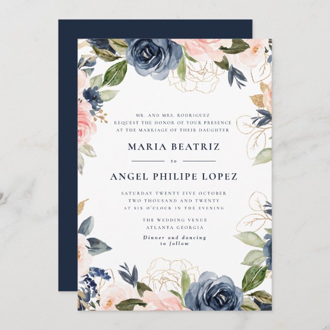 Navy and blush floral wedding invitation (Front/Back)
