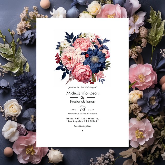 Navy and Blush Floral Wedding Invitation (Creator Uploaded)