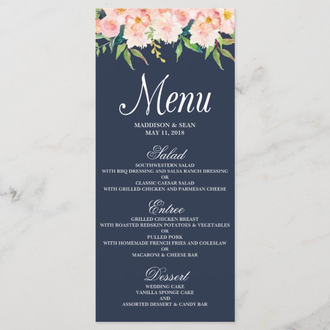 Navy and Blush Floral Wedding Menu Card (Front)