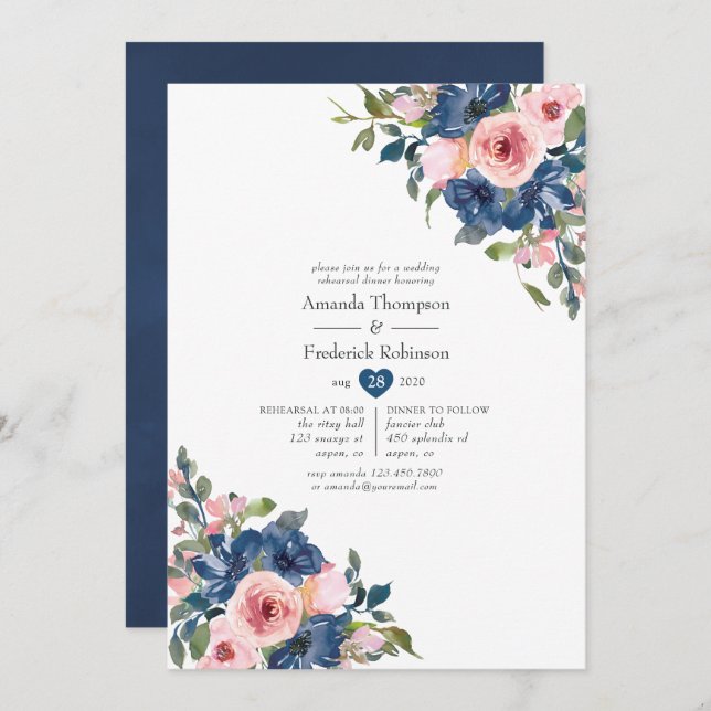 Navy and Blush Floral Wedding Rehearsal Dinner Invitation (Front/Back)