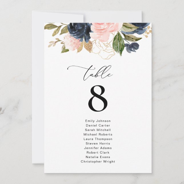 Navy And Blush Floral Wedding Table Number (Front)