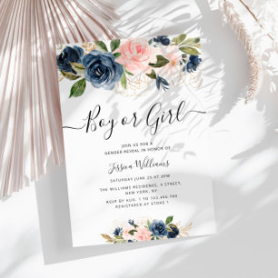 navy and blush flowers baby gender reveal invitation